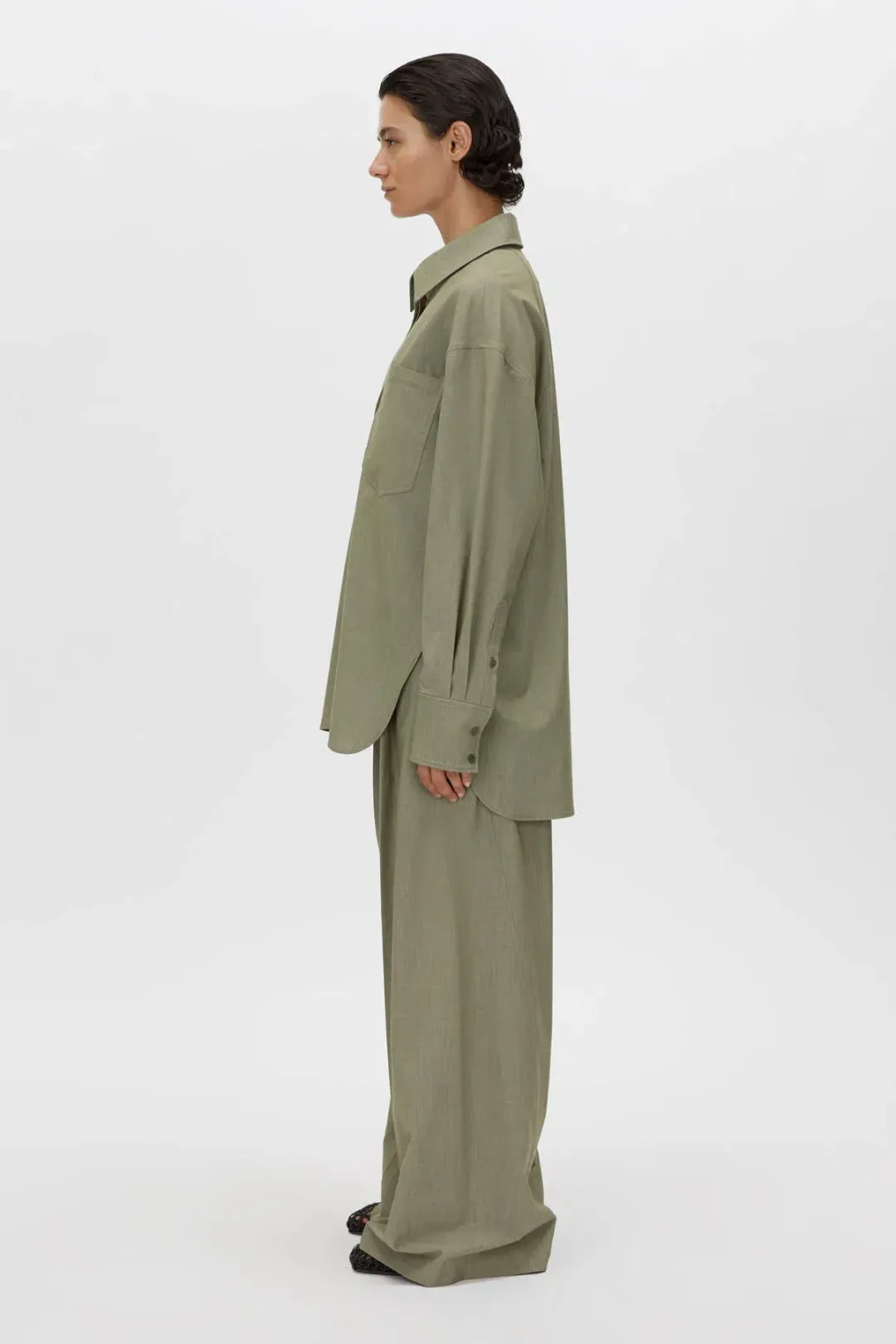 Camilla and Marc Ramon Shirt Size 8 and Pant Size 12 Set Light Khaki Marle for rent on The Volte - main image
