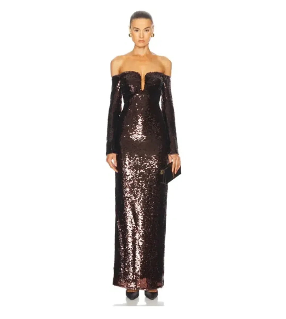 Self-portrait Sequin Off-shoulder Maxi Dress In Brown Size 14  for rent on The Volte - main image