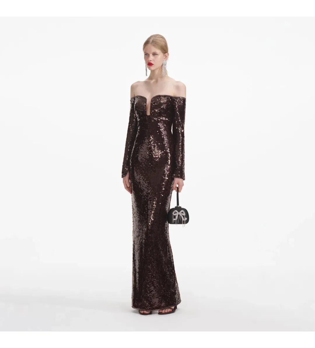 Self-portrait Sequin Off-shoulder Maxi Dress In Brown Size 14  for rent on The Volte - main image