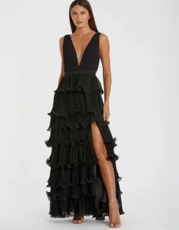 Mac Duggal Sleeveless Ruffle Tiered V Neck Gown Black Size 16 for rent on The Volte - image 1