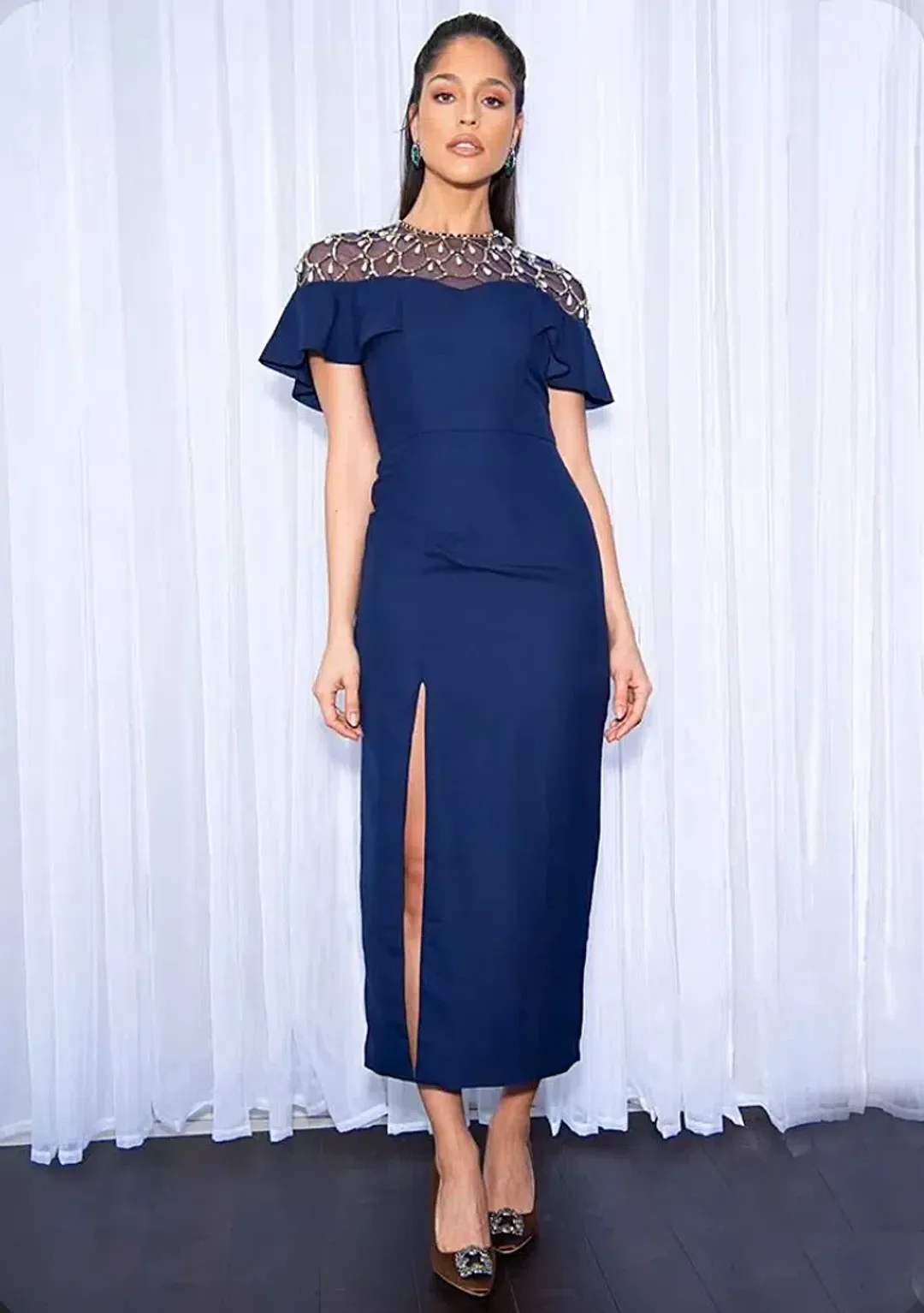Virgos Lounge Navy Pearl Helaine Midi Dress Size 8  for rent on The Volte - main image