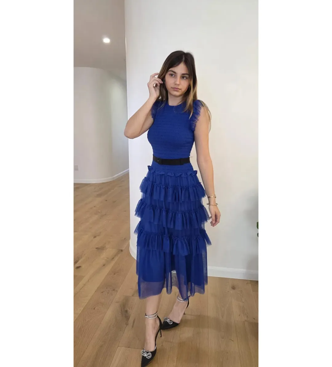 ME+EM Ethereal Tulle Shirred Midi Dress Electric Blue Size AU 8 for rent on The Volte - main image