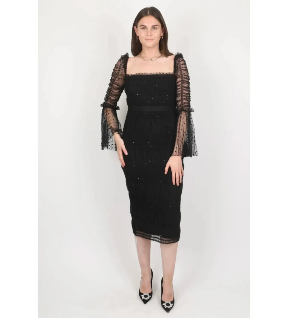 Self-Portrait Sequin Dot Mesh Midi Dress Black Size 10 for rent on The Volte - main image