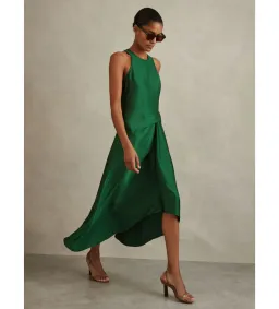 Reiss Micah Satin Drape Tuck Midi Dress In Green Size AU 10 for rent on The Volte - image 1