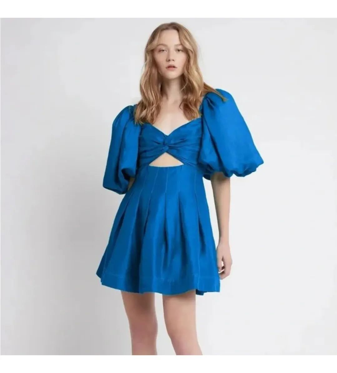 Aje Dusk Knot Puff Sleeve Mini Dress Blue Size XS AU 6 for rent on The Volte - main image