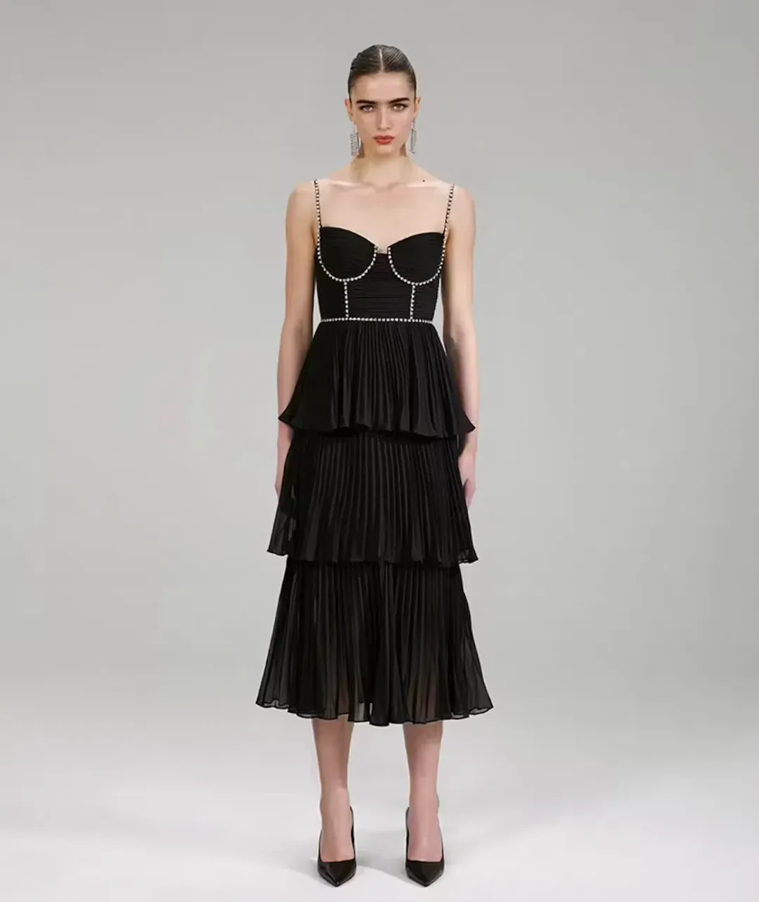 Self-Portrait Chiffon Tiered Midi Dress Black Size AU 10 for rent on The Volte - main image