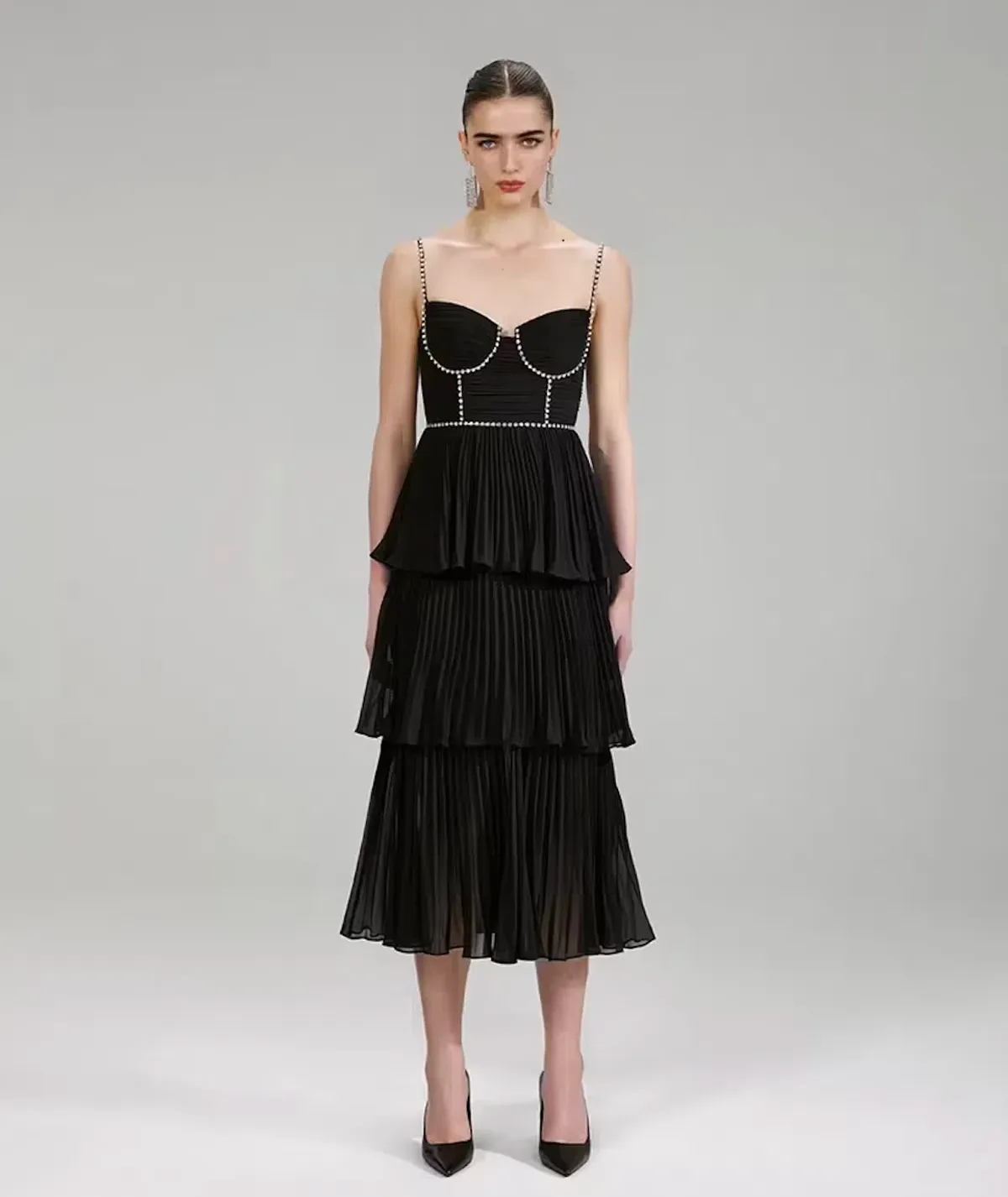 Self-Portrait Chiffon Tiered Midi Dress Black Size AU 10 for rent on The Volte - main image