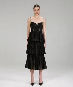Self-Portrait Chiffon Tiered Midi Dress Black Size AU 10 for rent on The Volte - image 1