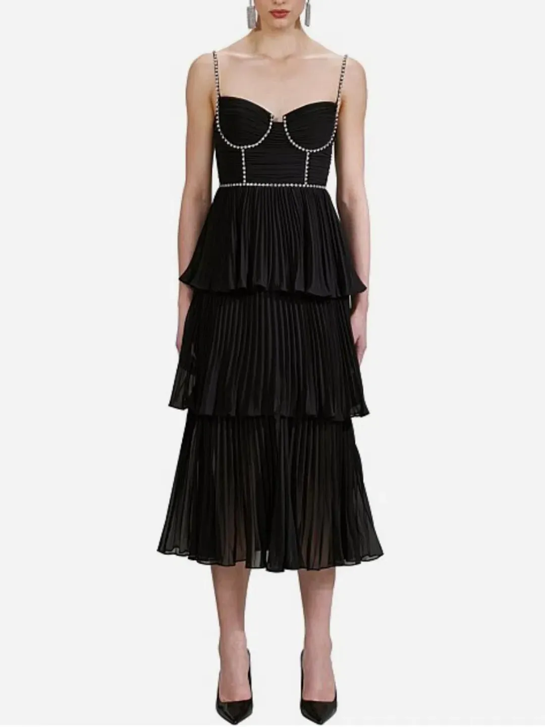 Self-Portrait Chiffon Tiered Midi Dress Black Size AU 10 for rent on The Volte - main image
