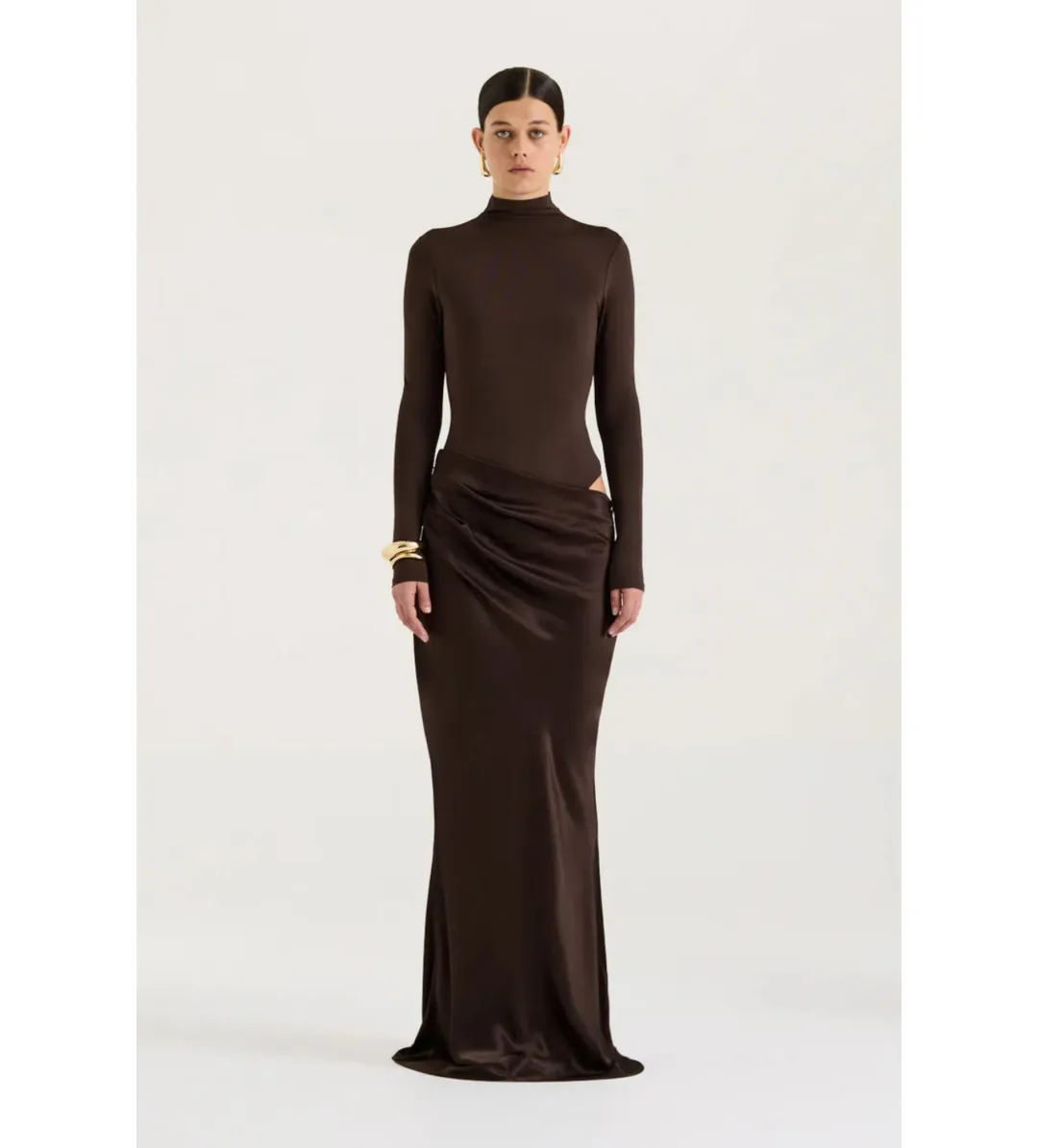 Henne Soraia Long Sleeve Maxi Dress Chocolate Size 6 for rent on The Volte - main image