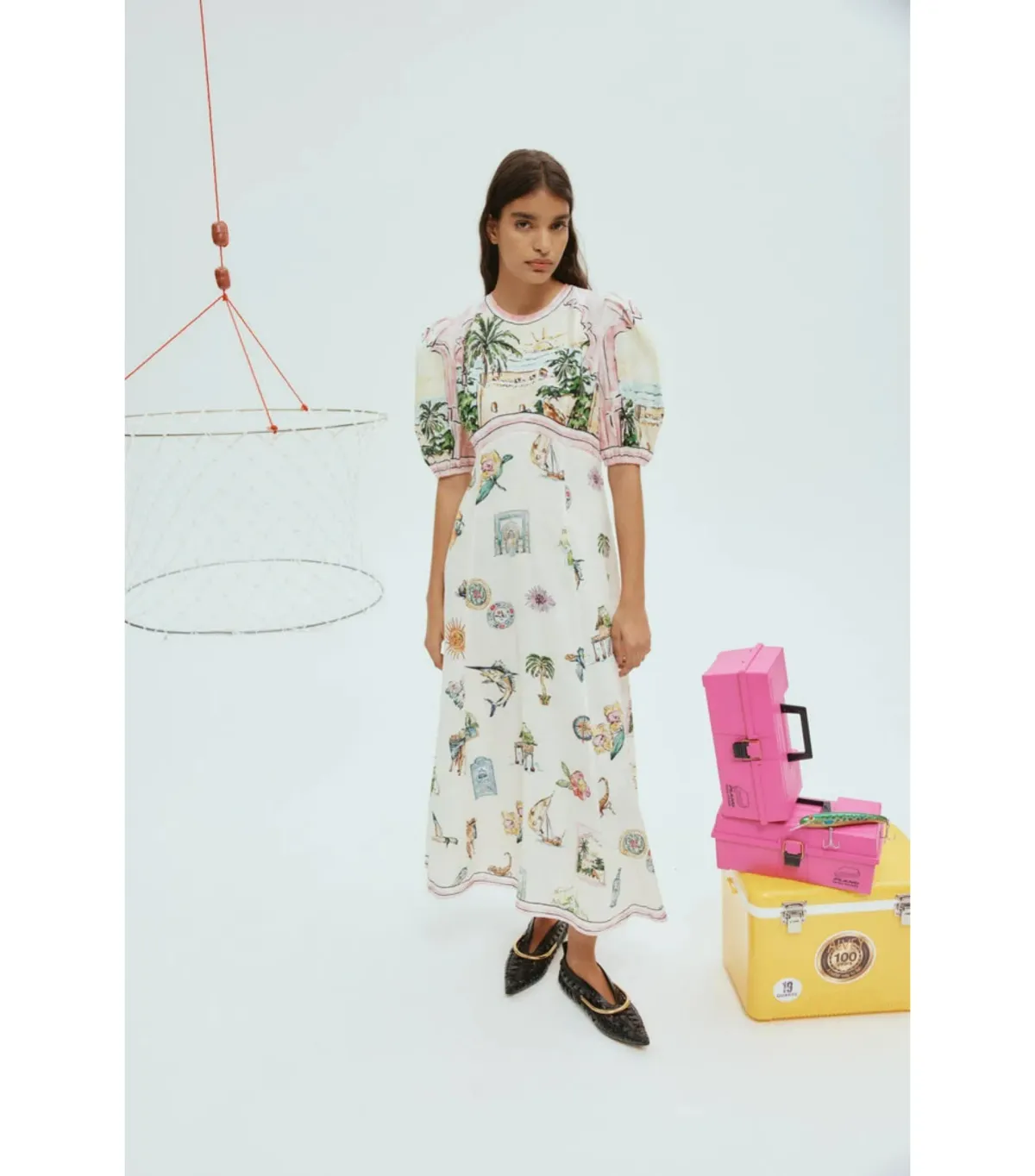 Alemais Sunset Puff-Sleeve Printed Linen Midi Dress Print Size AU 8 for rent on The Volte - main image
