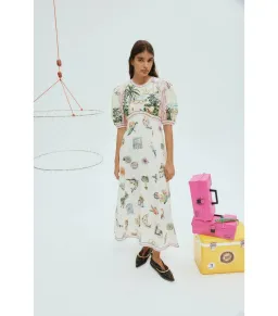 Alemais Sunset Puff-Sleeve Printed Linen Midi Dress Print Size AU 8 for rent on The Volte - image 1