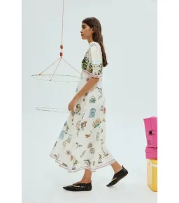 Alemais Sunset Puff-Sleeve Printed Linen Midi Dress Print Size AU 8 for rent on The Volte - image 2