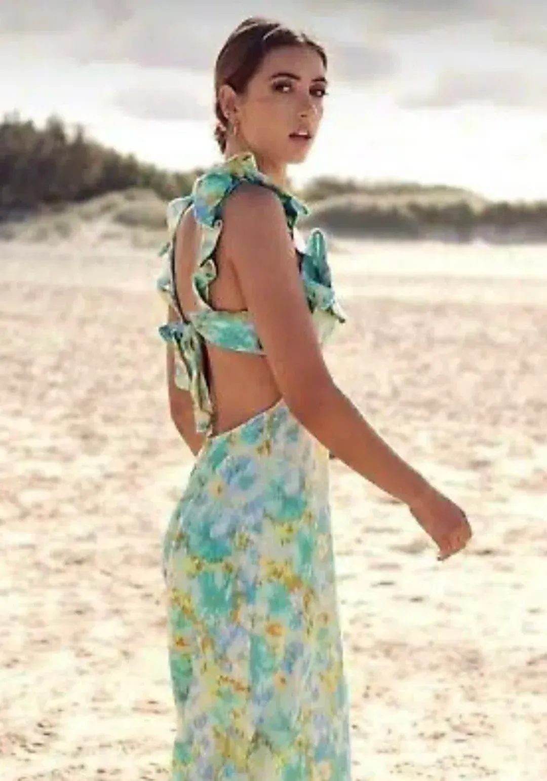 Zimmermann High Tide Frilled Midi Dress Aqua Ikat Floral Size 1 / AU 10  for rent on The Volte - main image