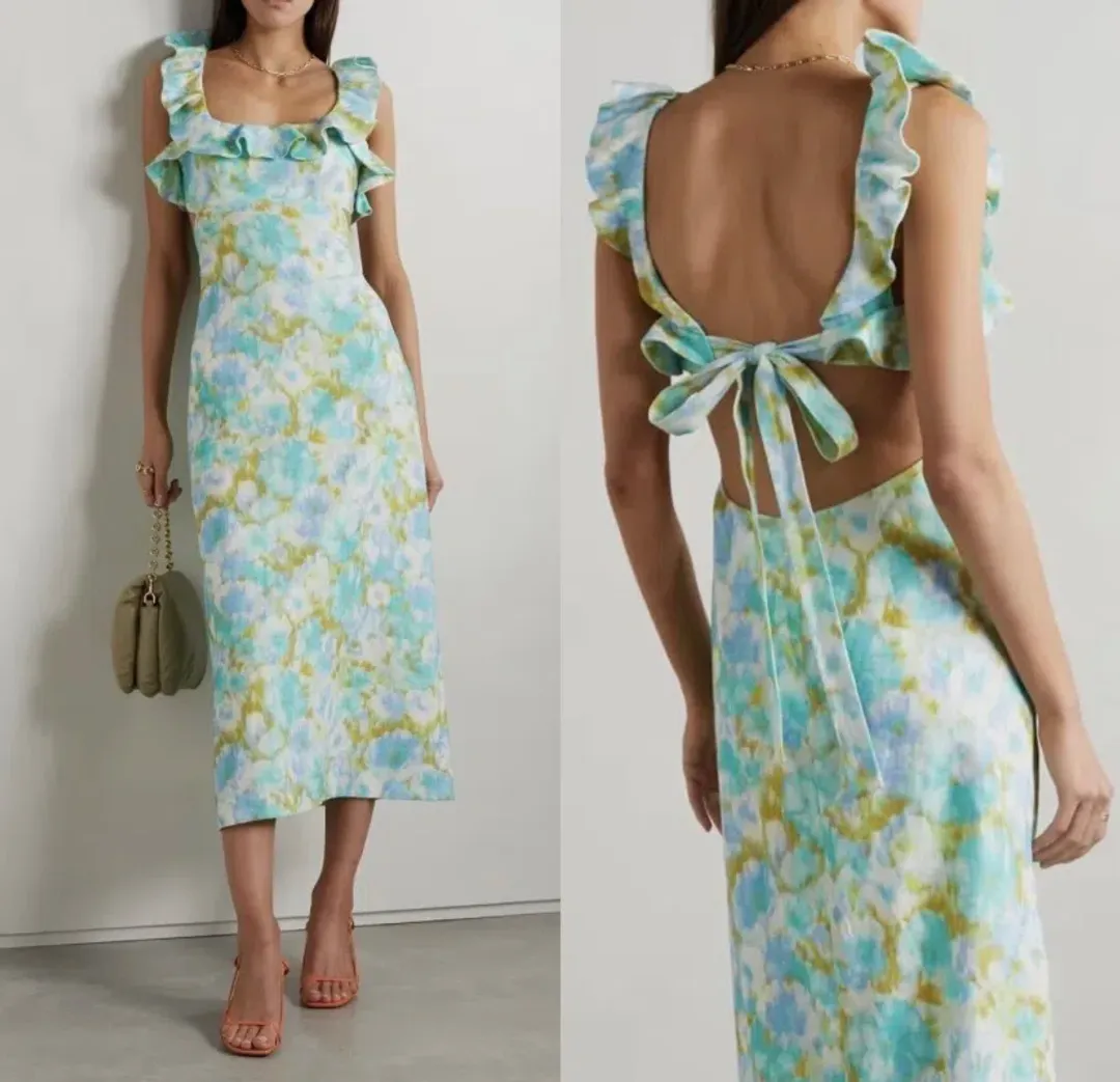 Zimmermann High Tide Frilled Midi Dress Aqua Ikat Floral Size 1 / AU 10  for rent on The Volte - main image