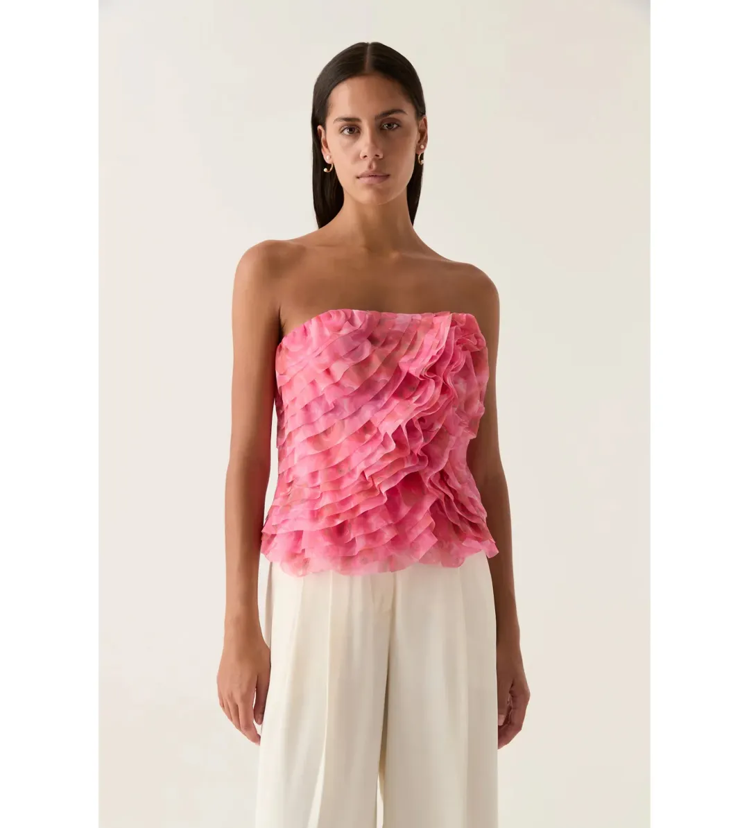 Aje Charmed Rosette Ruffle Bustier with Valeria Asymmetrical Midi Skirt in Misty Rose Size 6 for rent on The Volte - main image