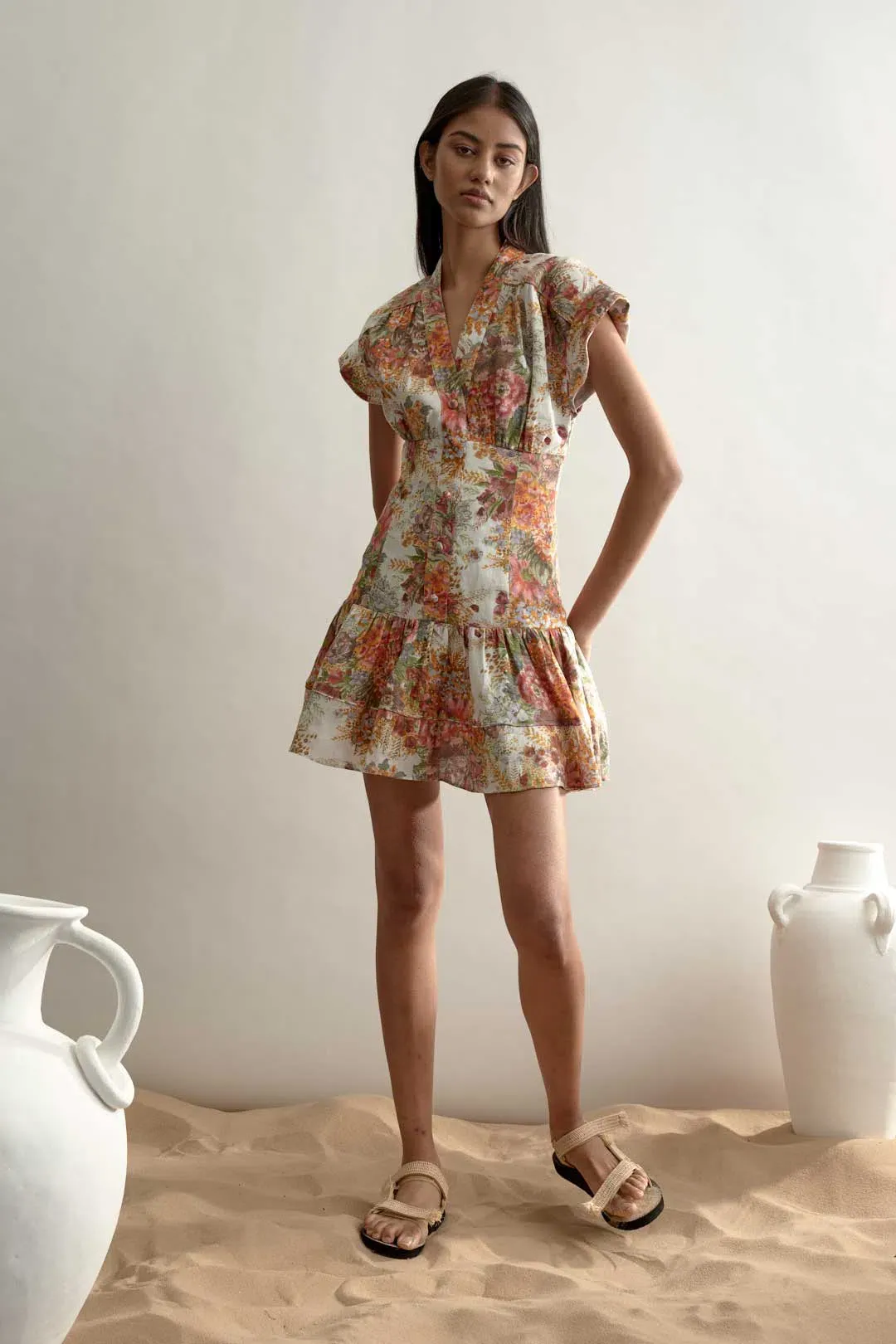 Alemais Sylvia Floral Mini Hemp Cotton Button Dress Size 2 AU 6 for rent on The Volte - main image