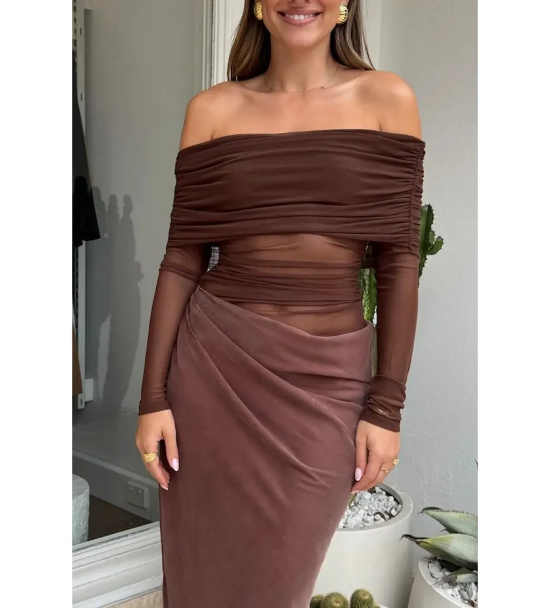 BENNI Yasmin Off-Shoulder Maxi Dress Chocolate Size AU 6 for rent on The Volte - main image