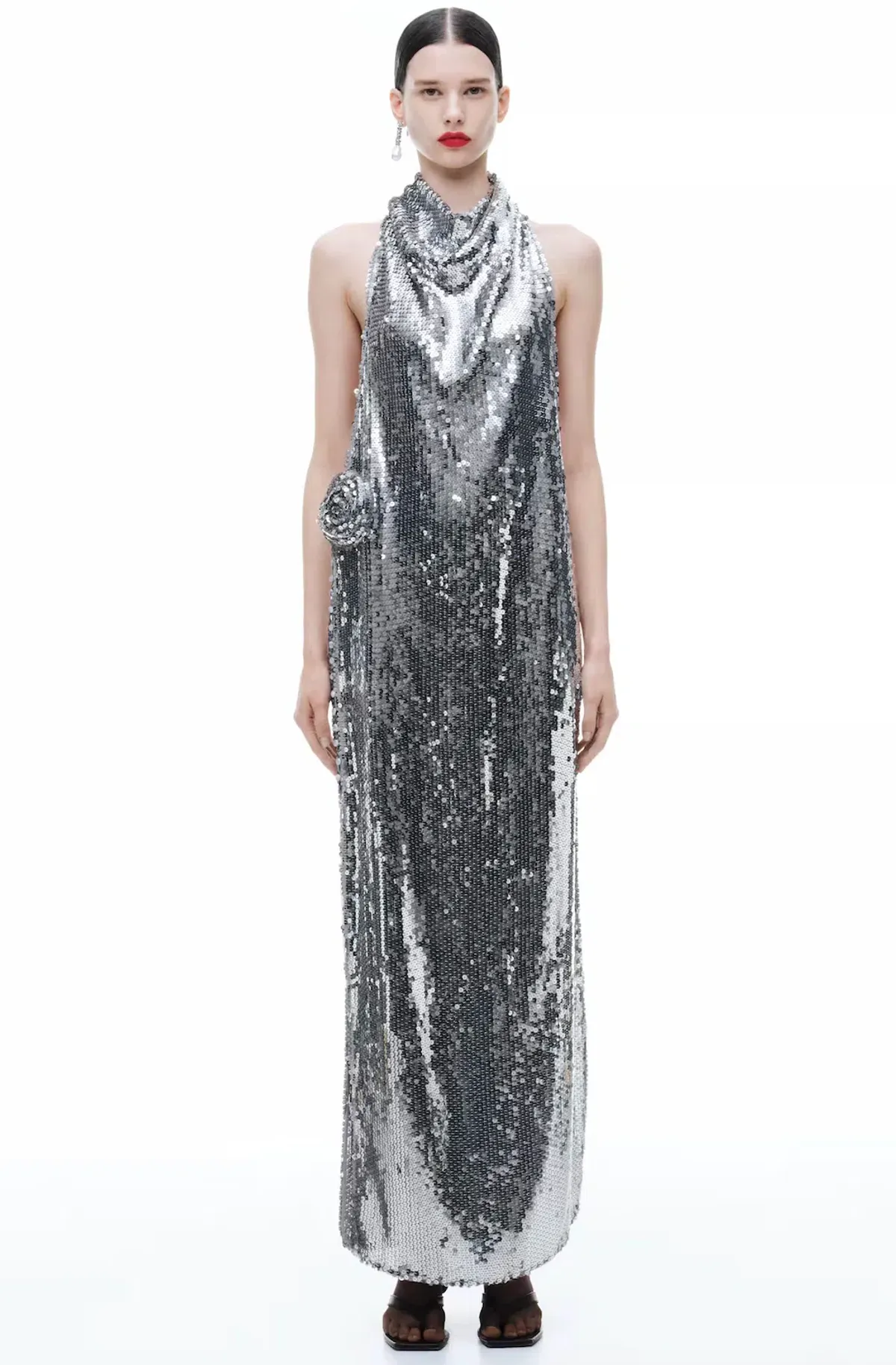 Magda Butrym H&M Sequin Rose Appliqué Maxi Dress in Silver Size XL AU 12 for rent on The Volte - main image