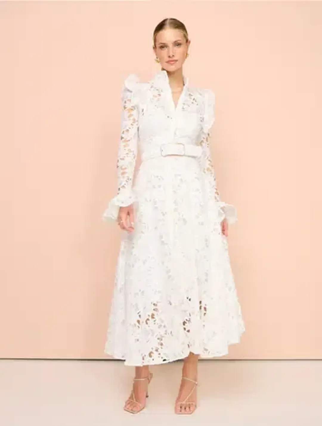 Leo Lin Aliyah Lace Butterfly Sleeve Midi Dress in Snow / White Size 10 for rent on The Volte - main image