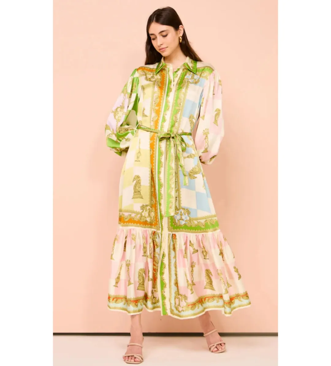 Alemais Checkmate Silk Midi Shirtdress Multi Print Size AU 10 for rent on The Volte - main image