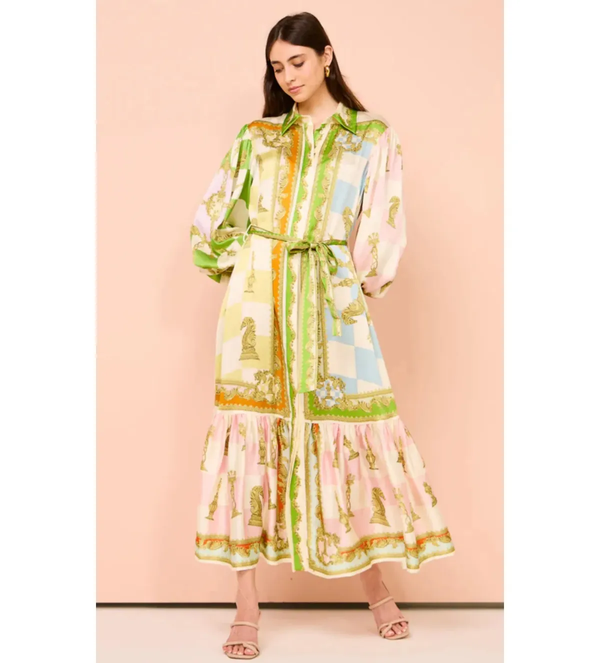 Alemais Checkmate Silk Midi Shirtdress Multi Print Size AU 10 for rent on The Volte - main image