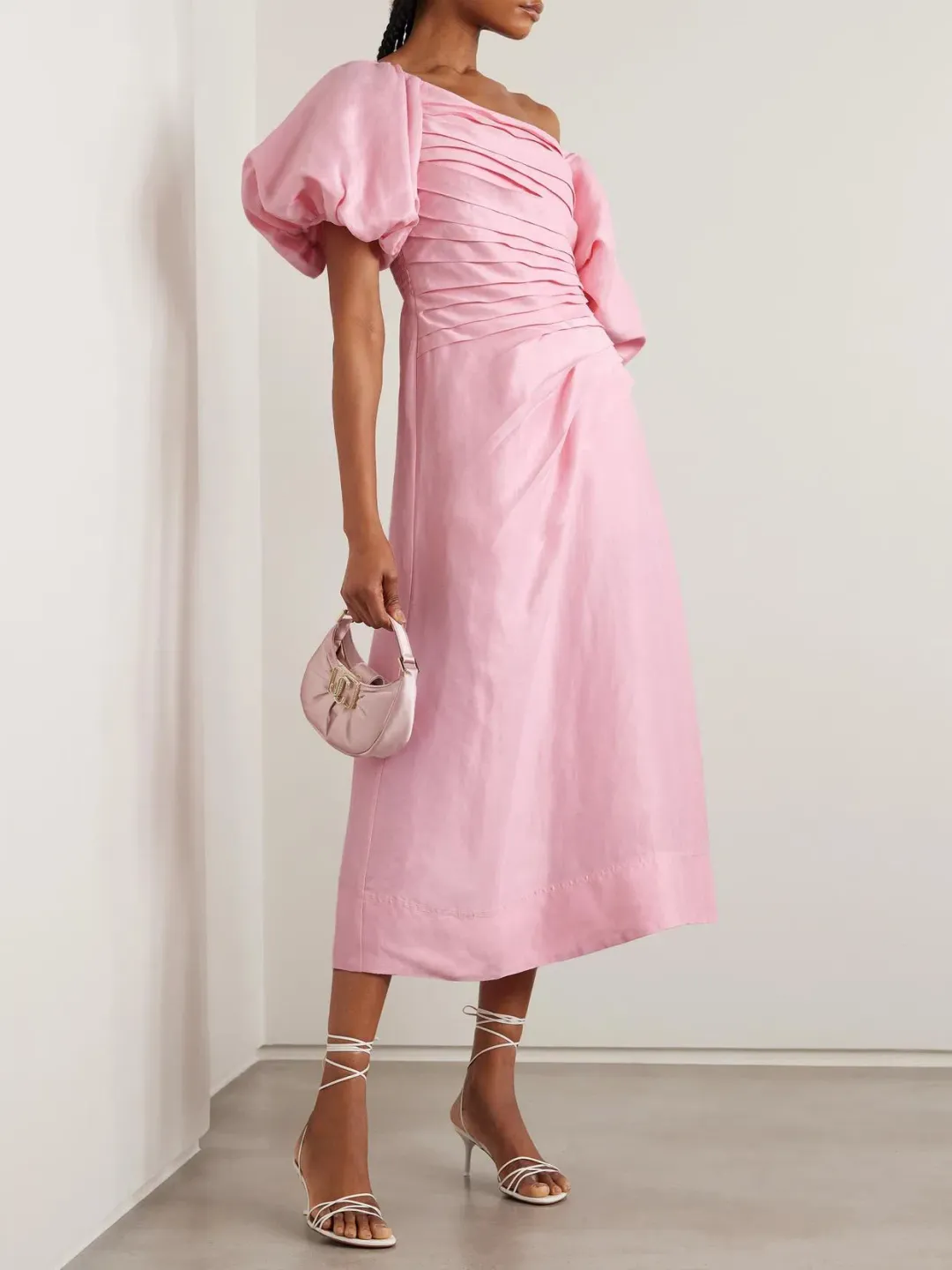 Aje Cadence Ruched Midi Dress in Ballerina Pink Size 10 for rent on The Volte - main image