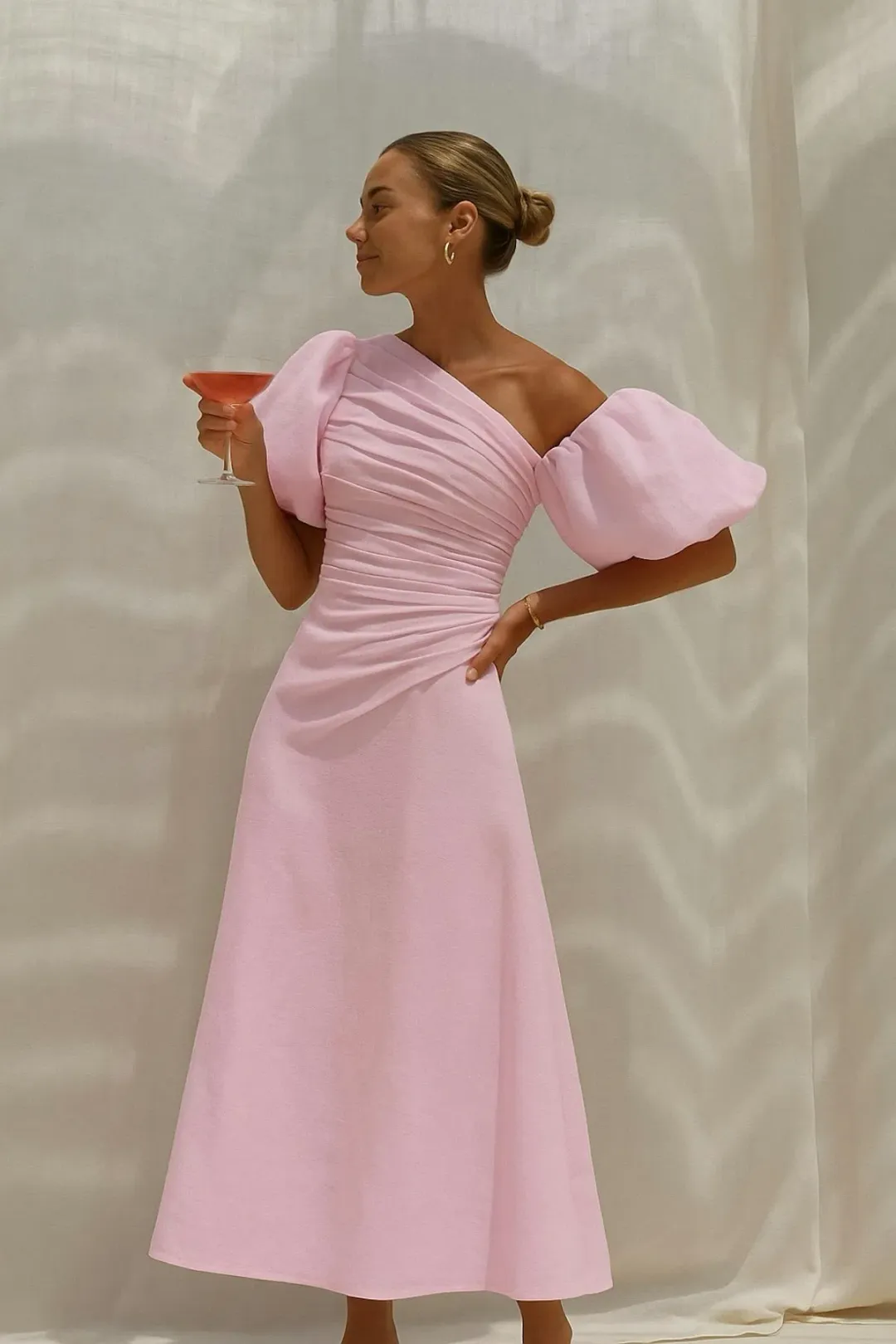Aje Cadence Ruched Midi Dress in Ballerina Pink Size 10 for rent on The Volte - main image
