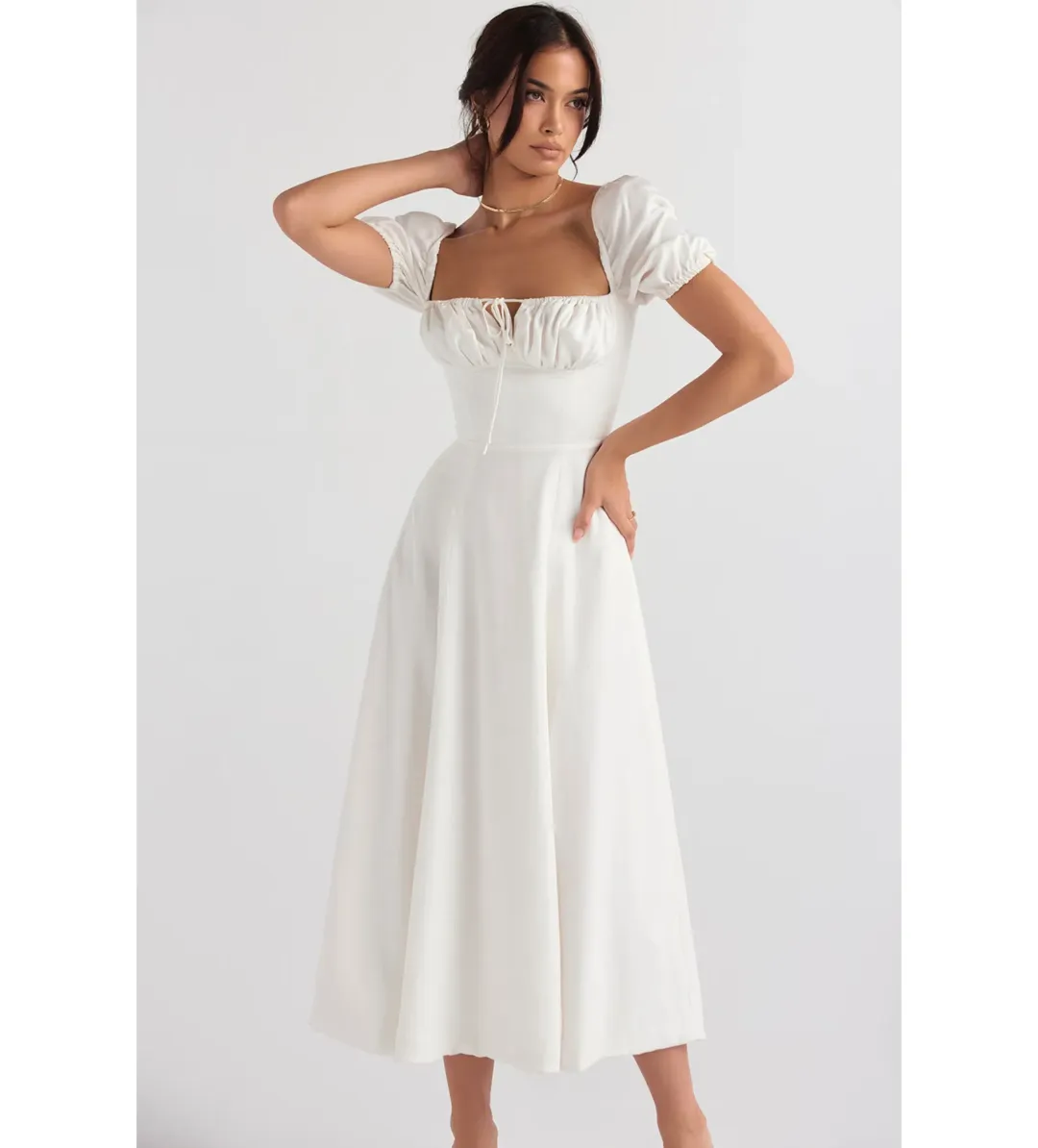 House of CB Tallulah Puff Sleeve Midi Sundress White Size 8/XS for rent on The Volte - main image