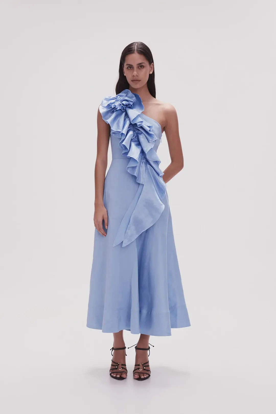 Aje Adelia Ruffle Midi Dress Light Sky Blue Size AU 10  for rent on The Volte - main image