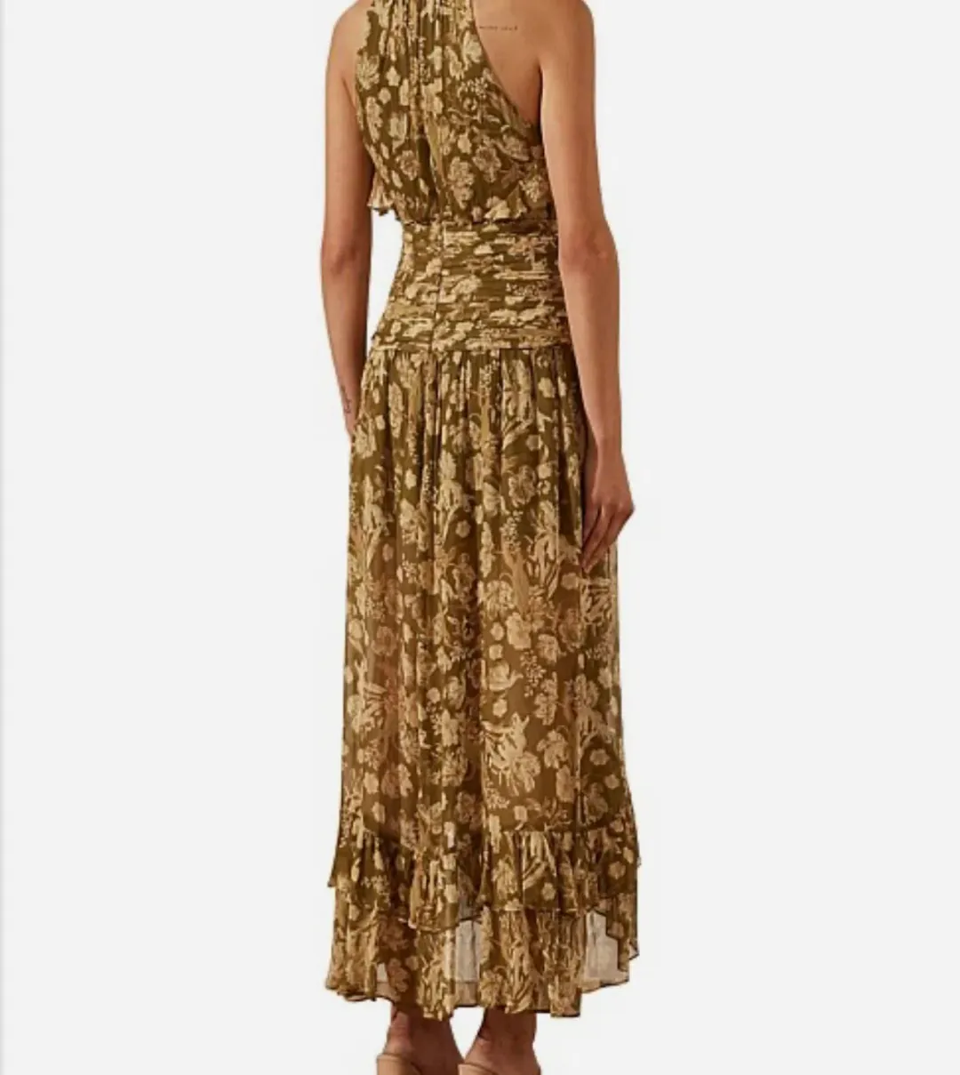 Shona Joy Rosaline Ruched Split Maxi Dress in Brown Floral Print Size AU 10 for rent on The Volte - main image