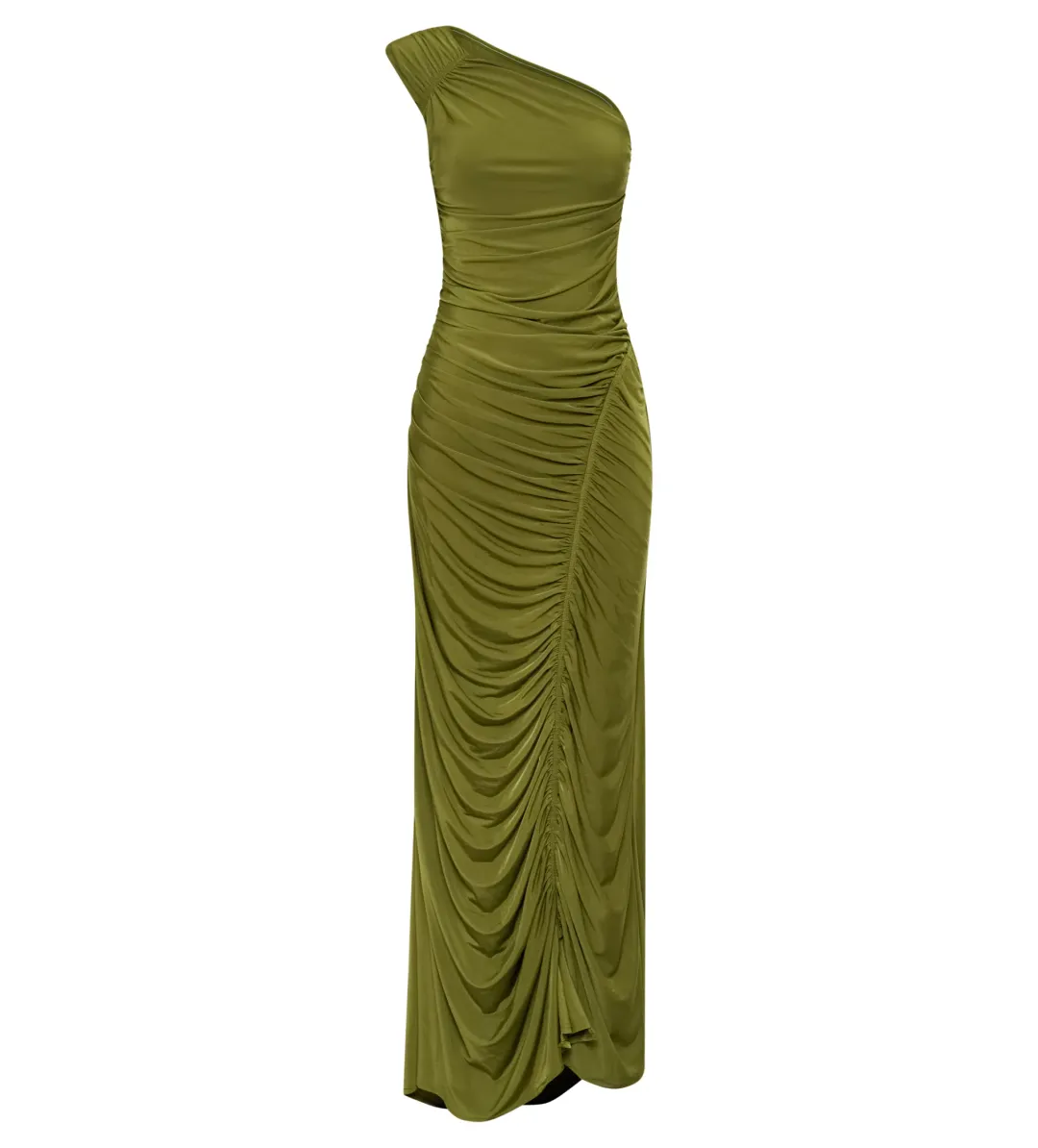 Meshki Capri Gathered Slinky Maxi Dress Vintage Olive Size 6/XS for rent on The Volte - main image