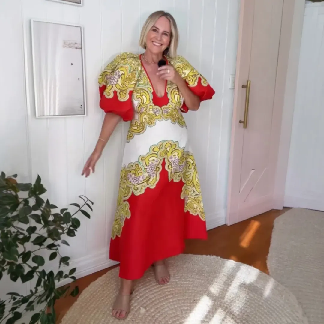 ALEMAIS Sierra Midi Dress Red Multi Size AU 10  for rent on The Volte - main image