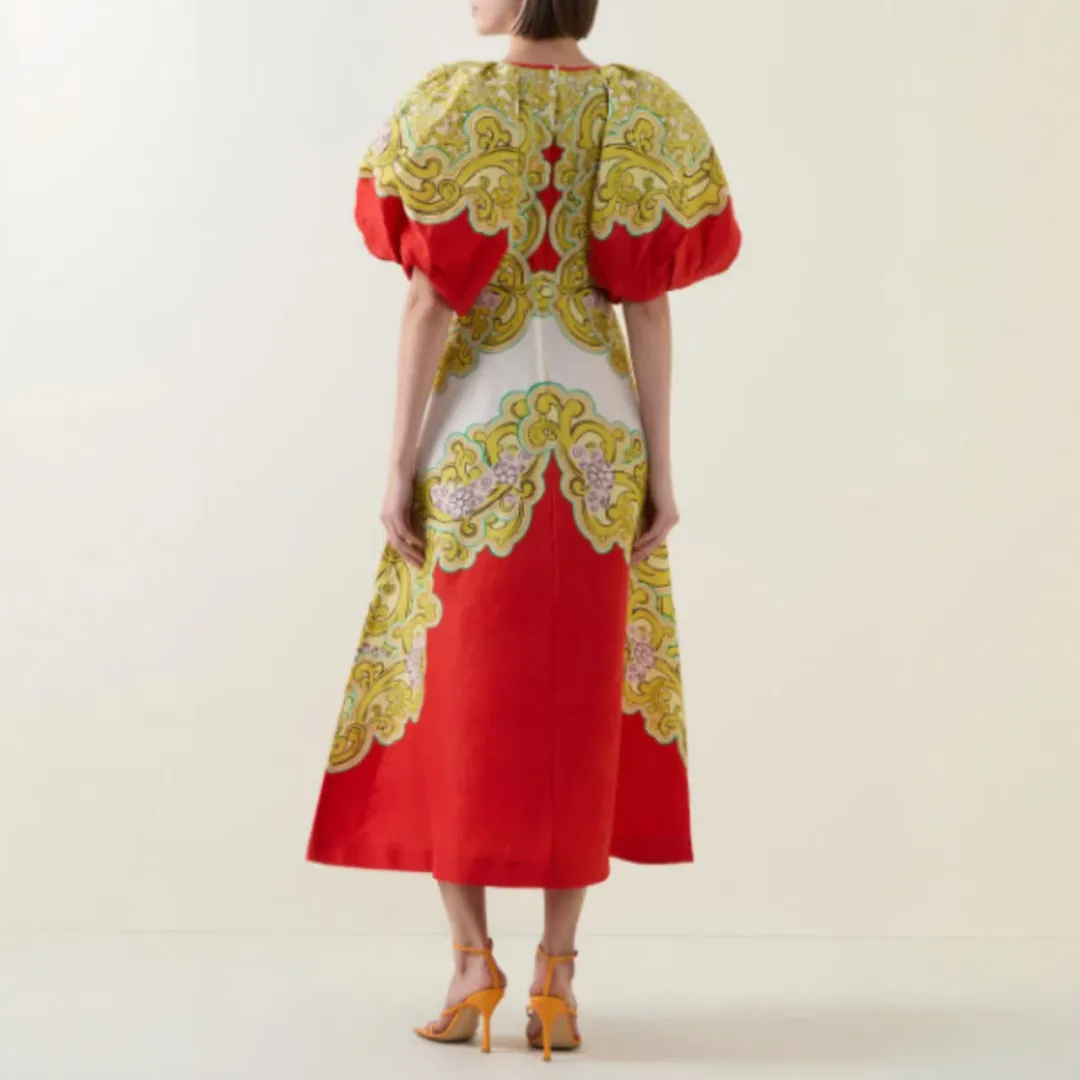 ALEMAIS Sierra Midi Dress Red Multi Size AU 10  for rent on The Volte - main image