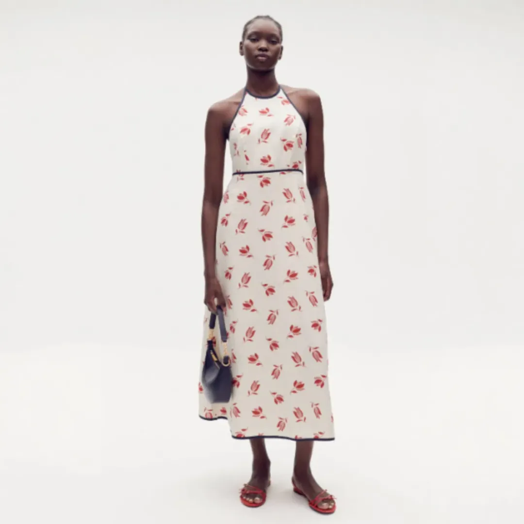 OROTON Dutch Tulip Halter Low Back Linen Midi Dress Ecru Size AU 14 for rent on The Volte - main image