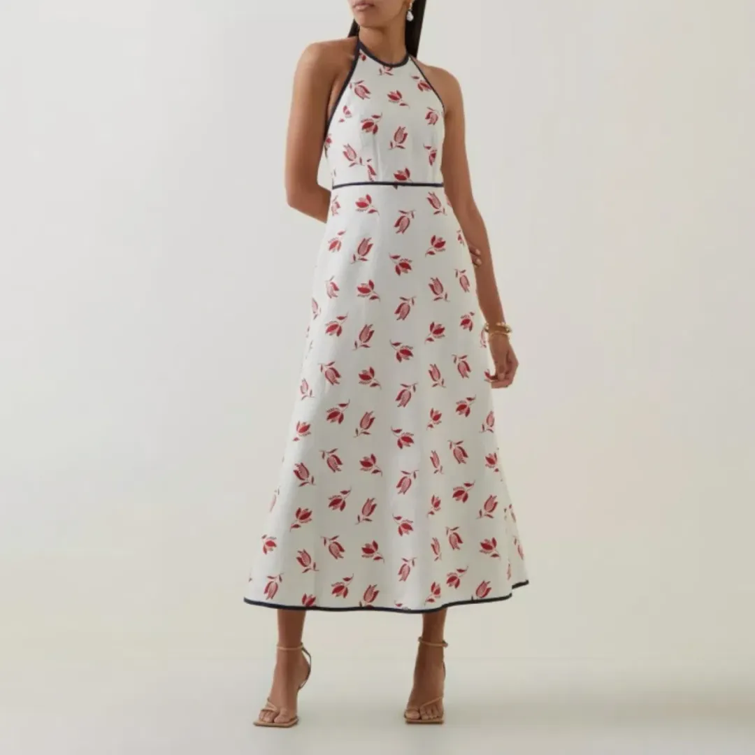 OROTON Dutch Tulip Halter Low Back Linen Midi Dress Ecru Size AU 14 for rent on The Volte - main image