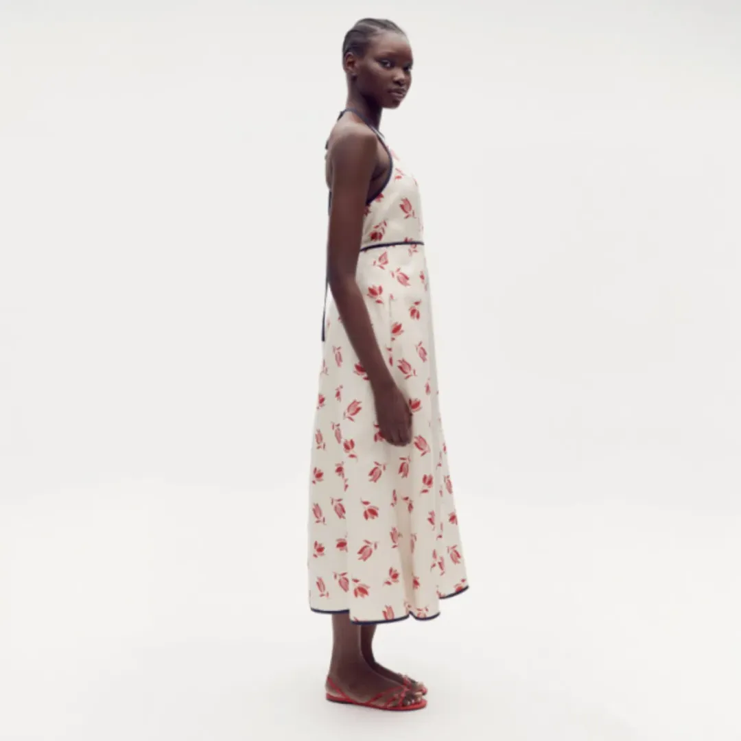 OROTON Dutch Tulip Halter Low Back Linen Midi Dress Ecru Size AU 14 for rent on The Volte - main image