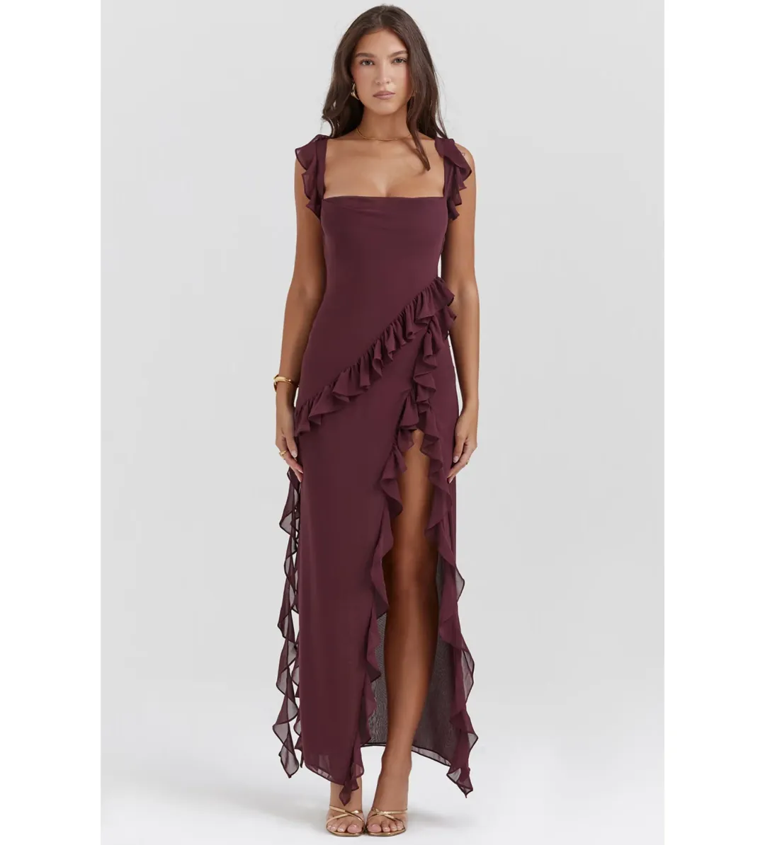 House of CB Ariela Ruffle Maxi Dress Mulberry Size 6/XS for rent on The Volte - main image
