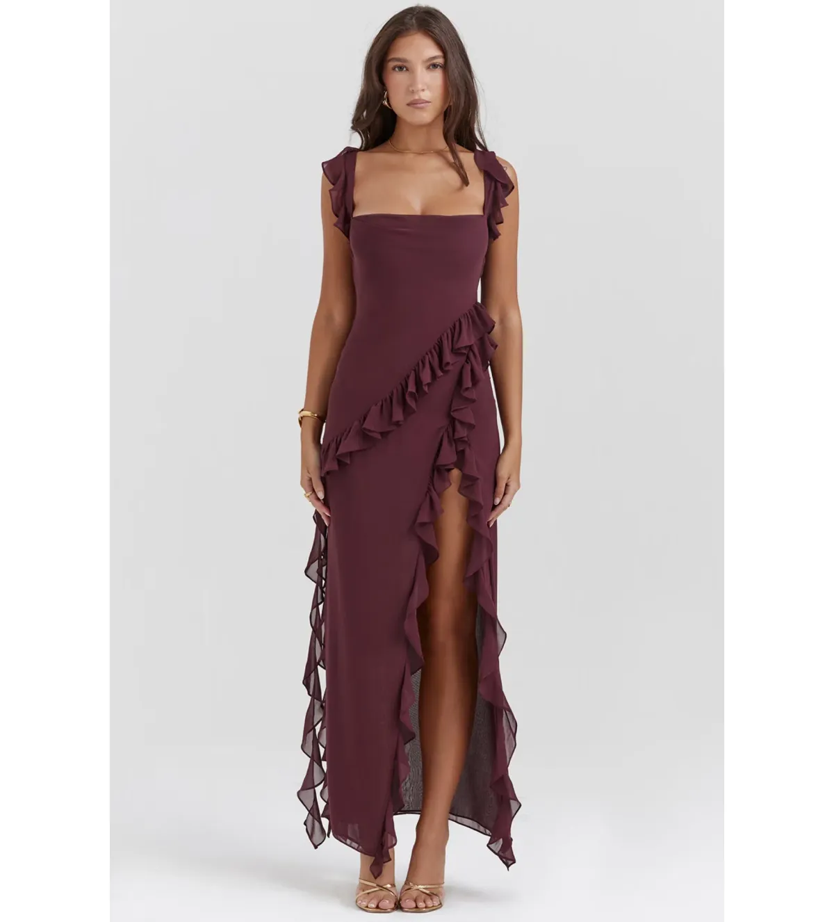 House of CB Ariela Ruffle Maxi Dress Mulberry Size 6/XS for rent on The Volte - main image
