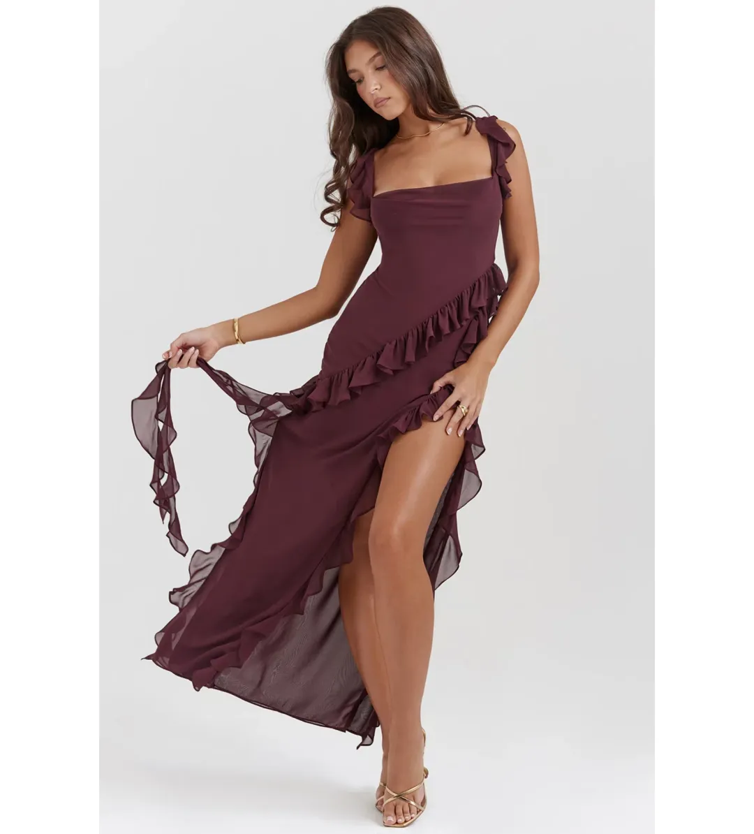 House of CB Ariela Ruffle Maxi Dress Mulberry Size 6/XS for rent on The Volte - main image