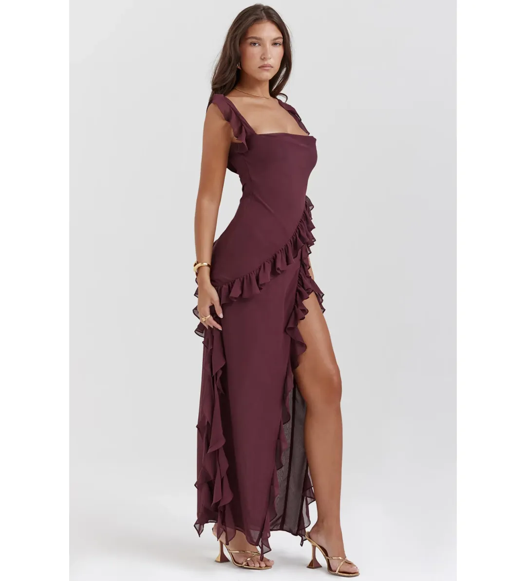 House of CB Ariela Ruffle Maxi Dress Mulberry Size 6/XS for rent on The Volte - main image