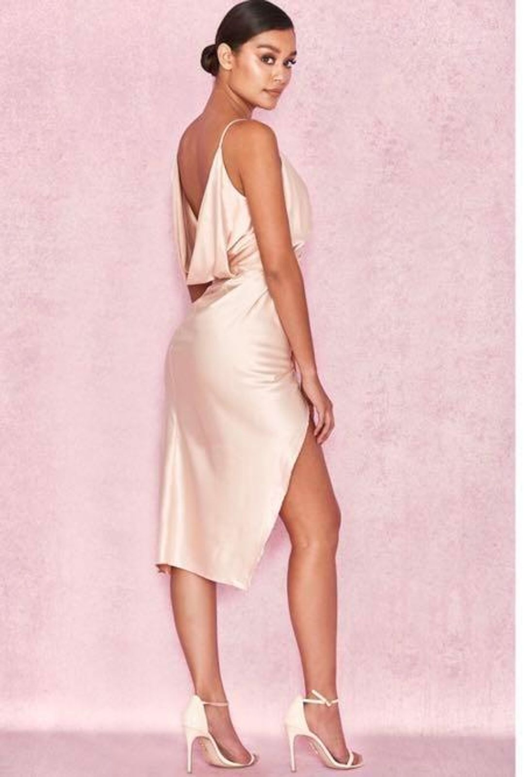 House of CB Coco Satin Drape Back Dress Beige Size 10 for rent on The Volte - main image