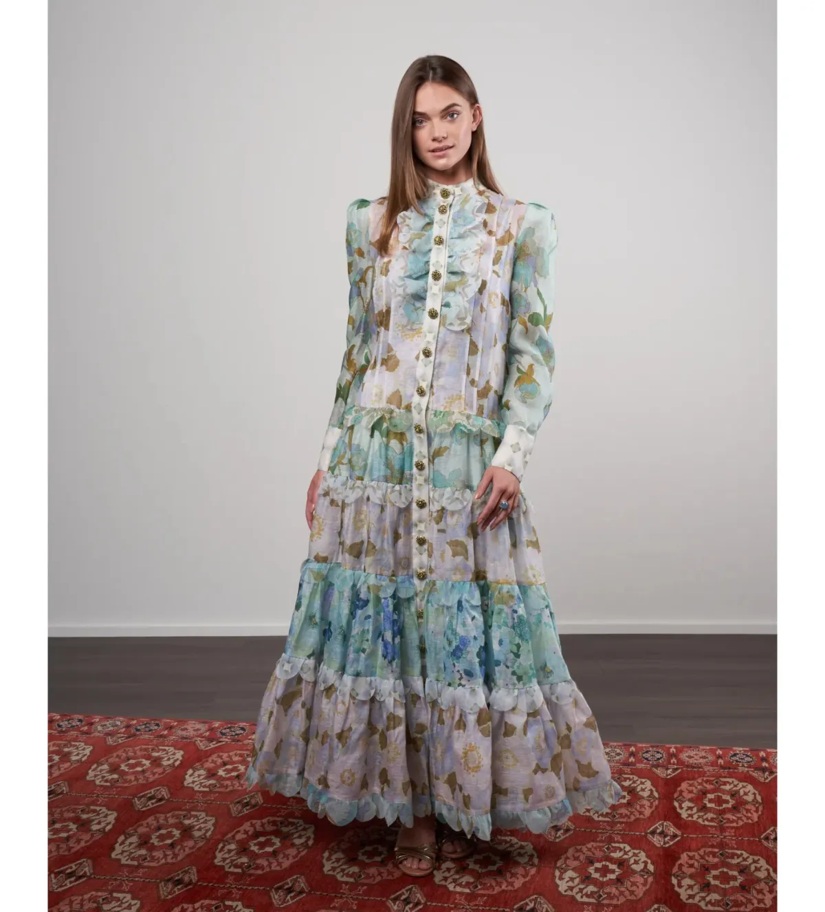 Zimmermann Rhythm Scalloped Silk Maxi Dress in Blue Size 1/ AU 10 for rent on The Volte - main image