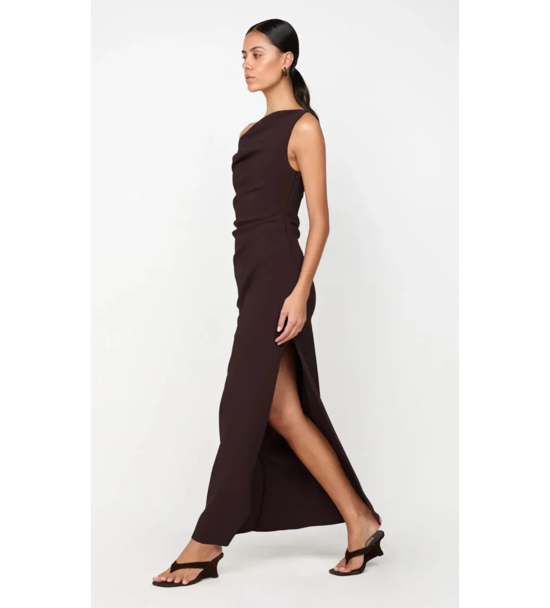 Bec & Bridge Leora Asym Maxi Dress Dark Chocolate Size AU 10 for rent on The Volte - main image