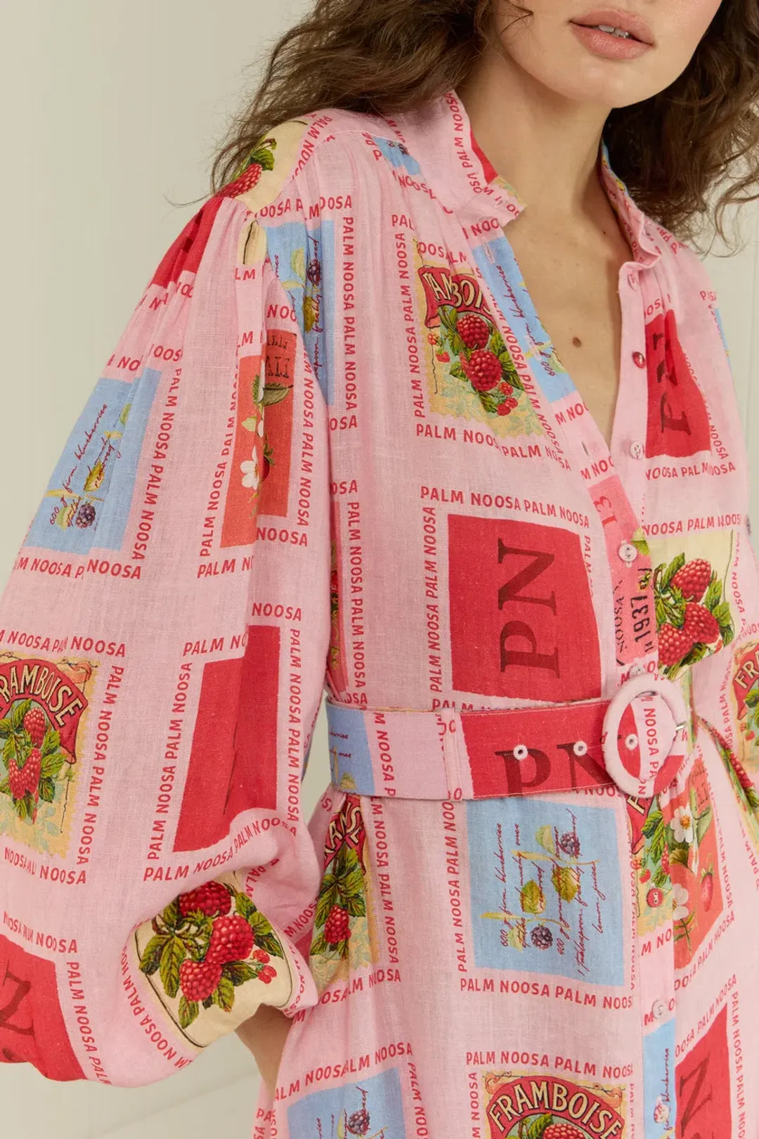 Palm Noosa Noddy Shirt Maxi Dress in Strawberry Stamp Print Size AU 10  for rent on The Volte - main image