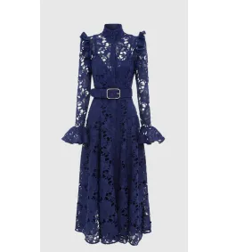 Leo Lin Aliyah Lace Butterfly Sleeve Midi Dress in Navy Size 8 for rent on The Volte - image 1
