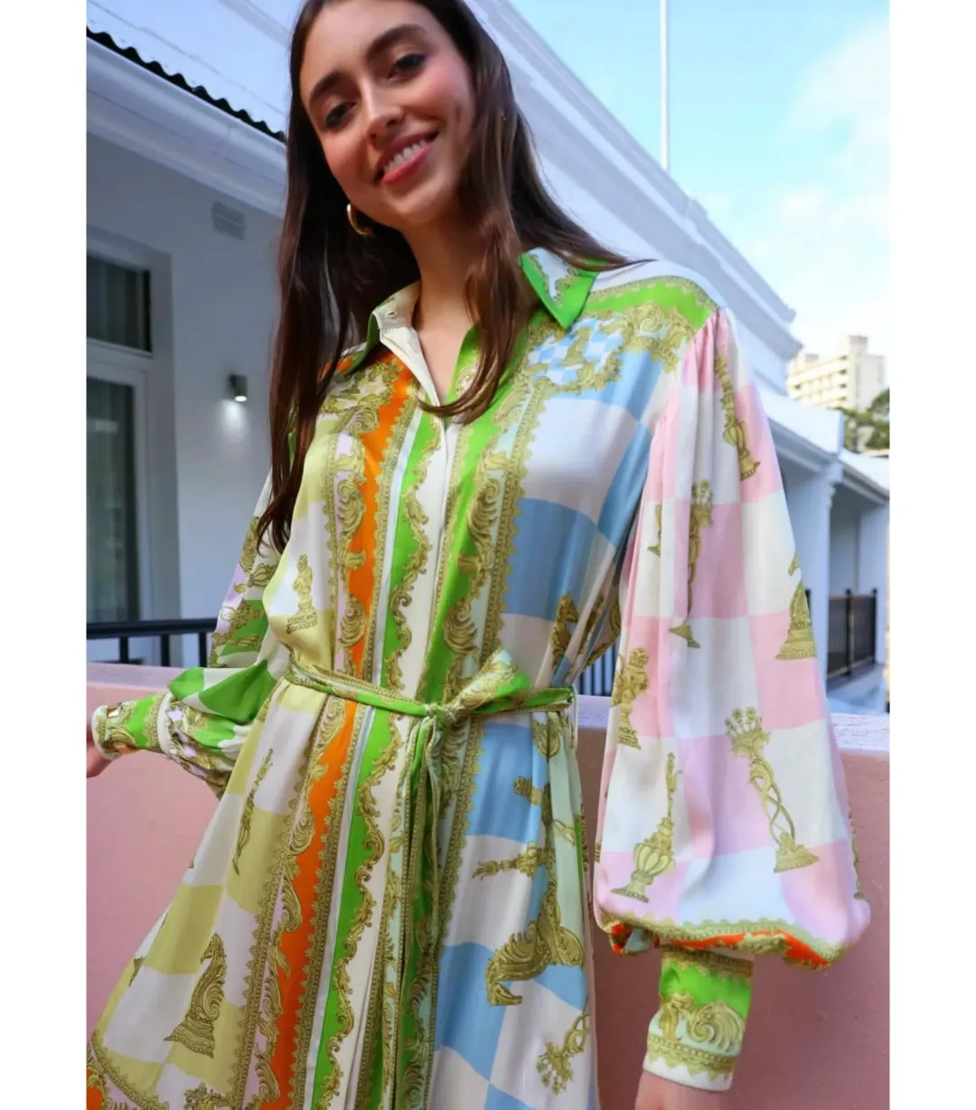 Alemais Checkmate Silk Midi Shirtdress Multi Print Size AU 14 for rent on The Volte - main image