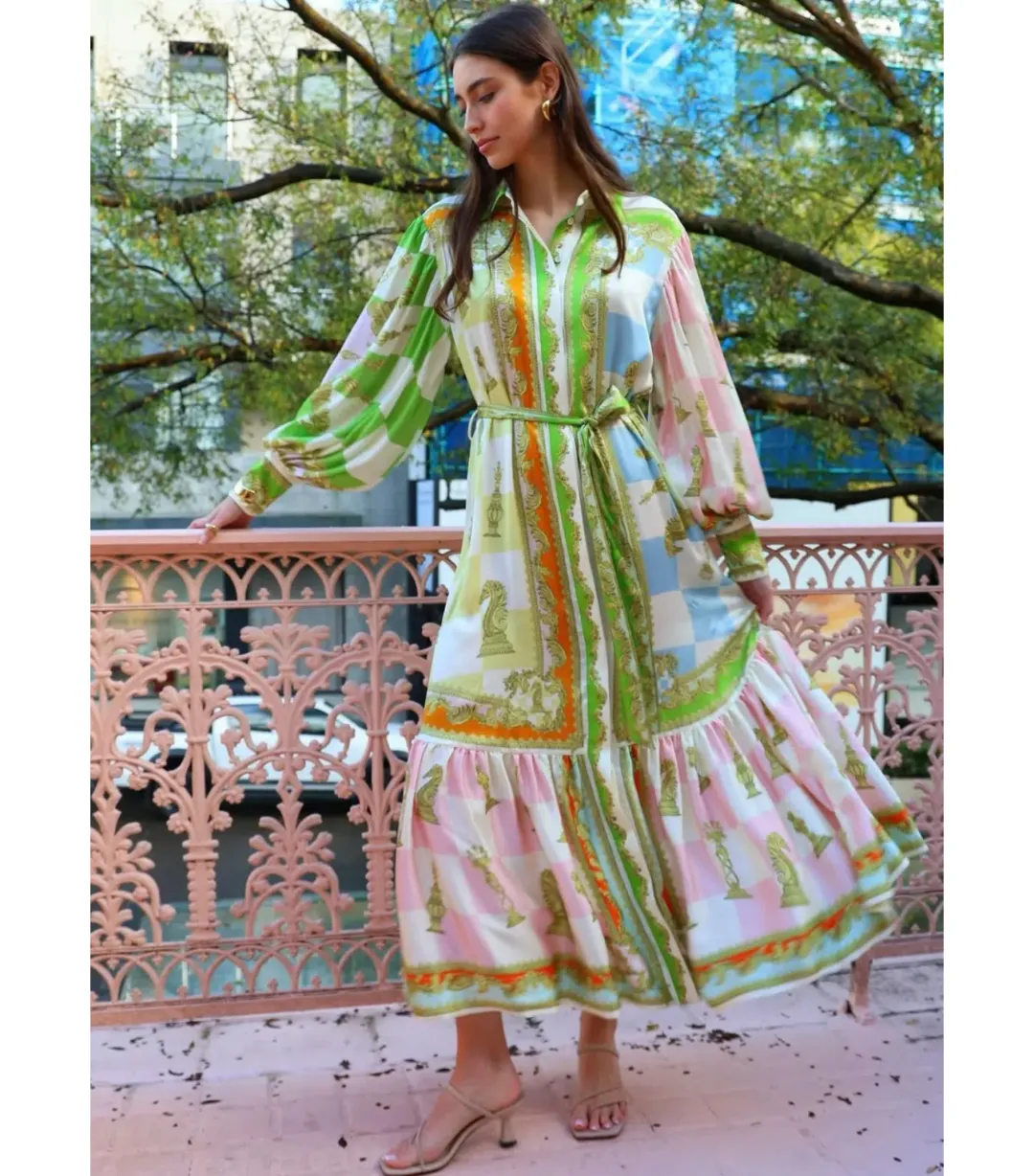Alemais Checkmate Silk Midi Shirtdress Multi Print Size AU 14 for rent on The Volte - main image