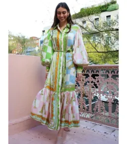 Alemais Checkmate Silk Midi Shirtdress Multi Print Size AU 14 for rent on The Volte - image 1