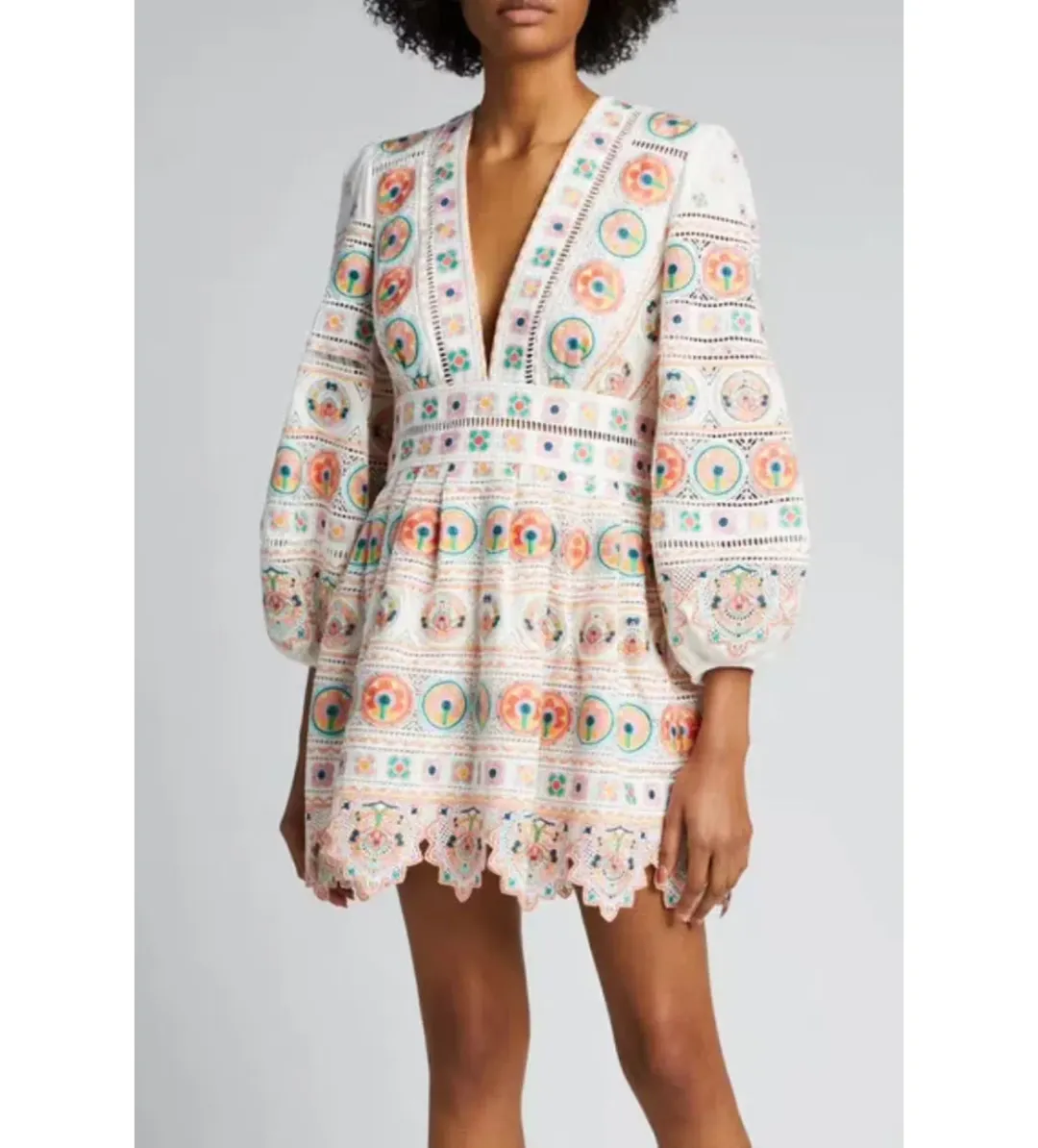 Zimmermann Brighton Plunge Embroidered Floral Mini Dress in Multi Size 0/ 8 AU  for rent on The Volte - main image